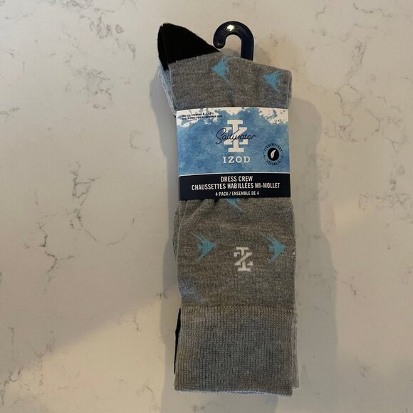 Izod Saltwater 4 Pairs Lightweight Pattern Crew Dress Socks Gry Blk Blue OS NWT - Picture 7 of 7